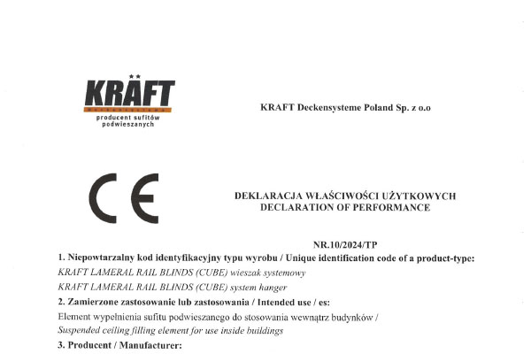 Certificate KRAFT suspension for rail ceiling